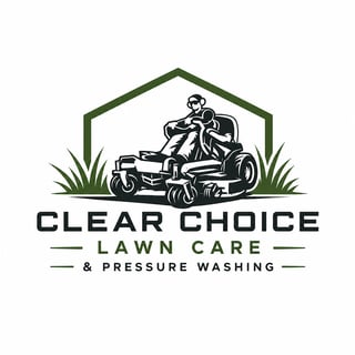 Clear Choice Lawn Care and Pressure Washing logo featuring a man on a riding mower under a house roof outline with grass